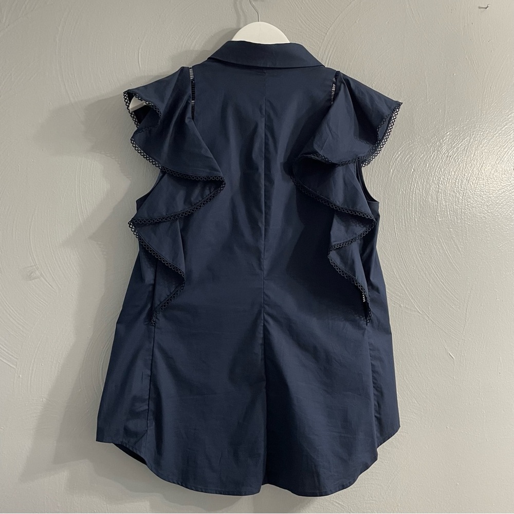 Pearl Navy Ruffle Sleeveless Button-Front Blouse - Picture 7 of 14